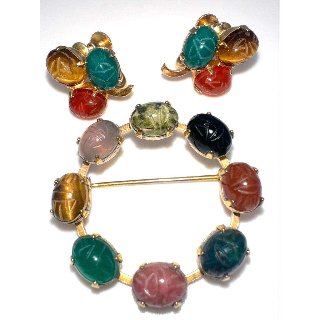 Vintage gold filled semiprecious scarab beetles screw back earrings brooch