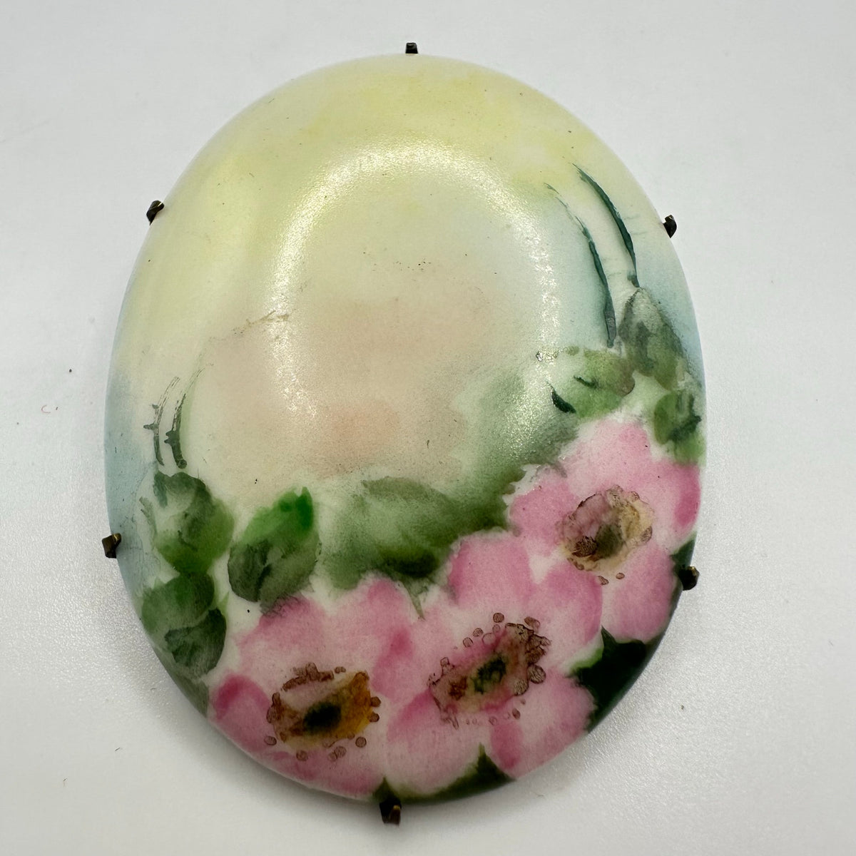 Antique Victorian Edwardian hand painted pink green yellow floral brooch pin