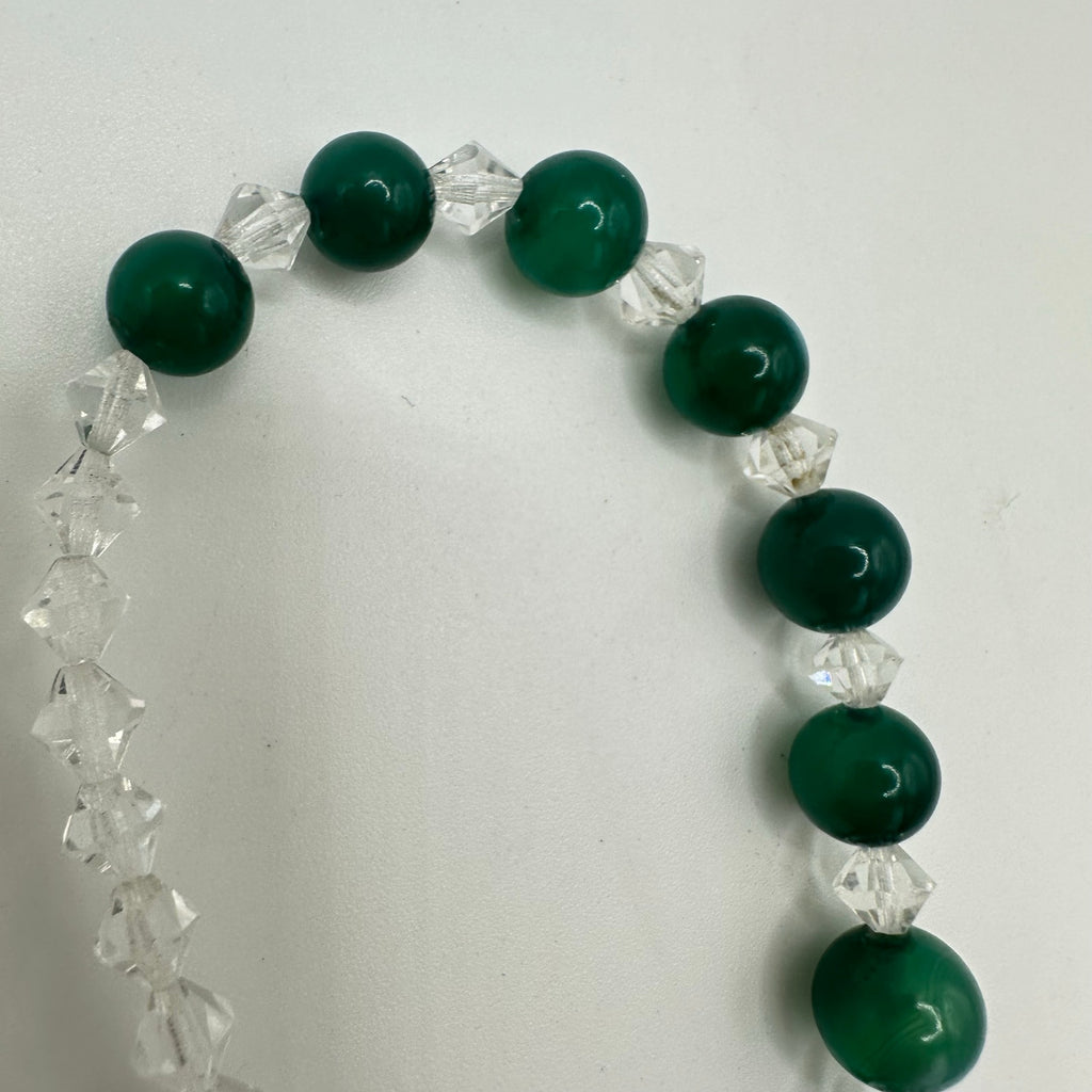 Antique Art Deco green chrysoprase faceted crystal beaded necklace 14k WG clasp