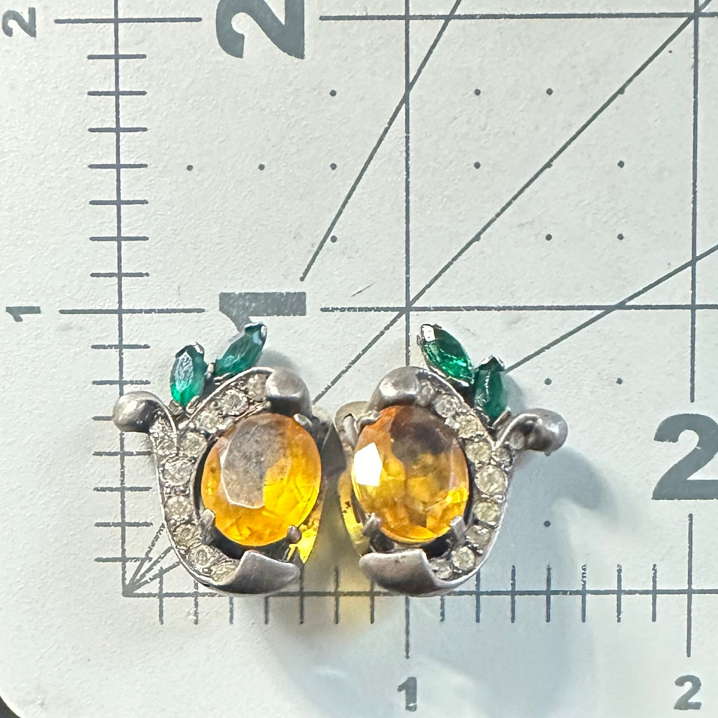 Joseph Mazer vintage sterling silver topaz emerald rhinestones clip on earrings