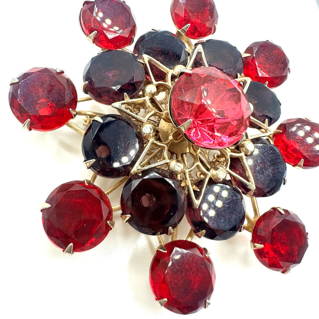 Vintage gold tone red pink purple UV cadmium glass rhinestones large brooch