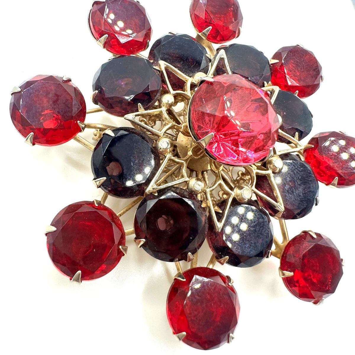 Vintage gold tone red pink purple UV cadmium glass rhinestones large brooch