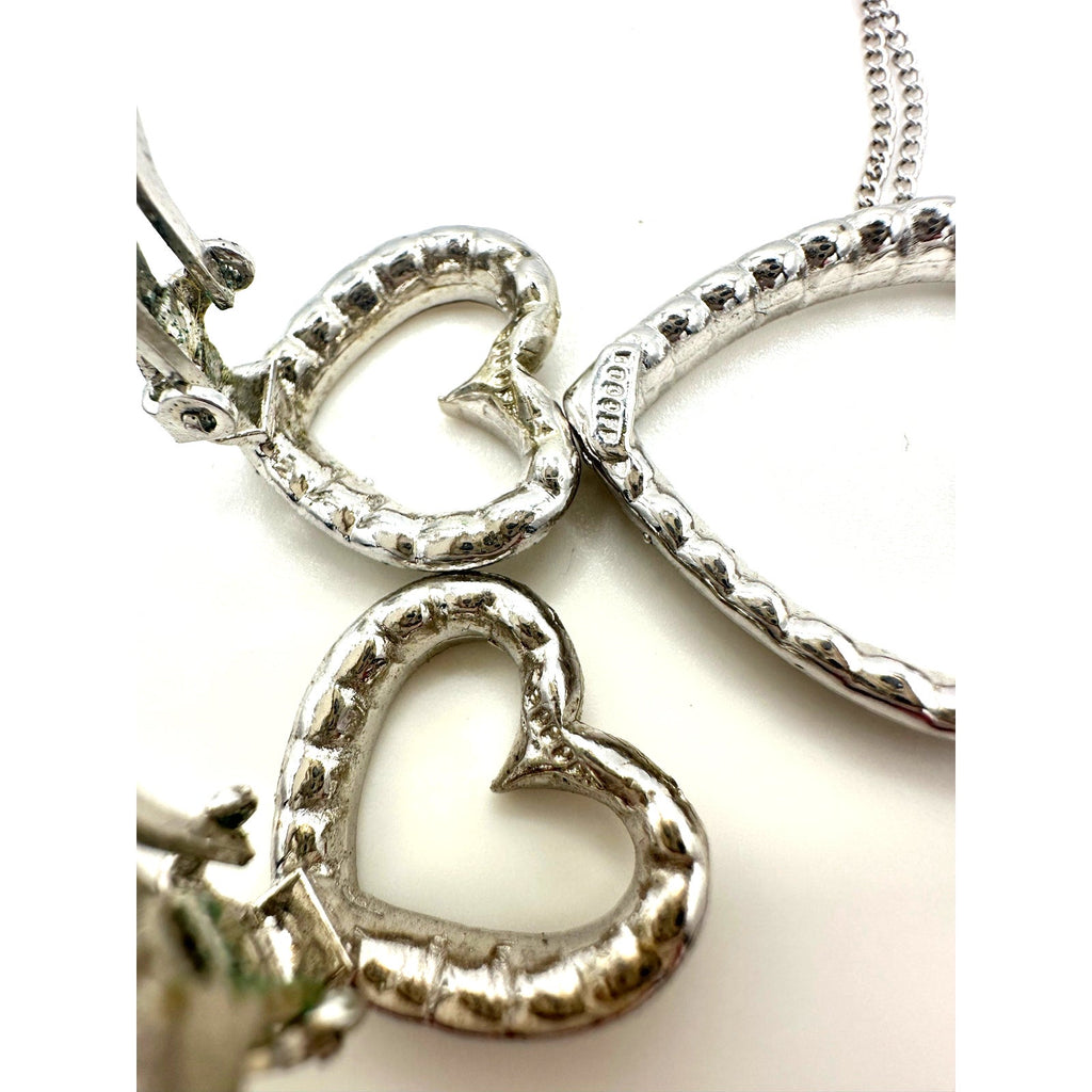 Bogoff vintage silver tone clear rhinestones heart necklace clip on earrings set