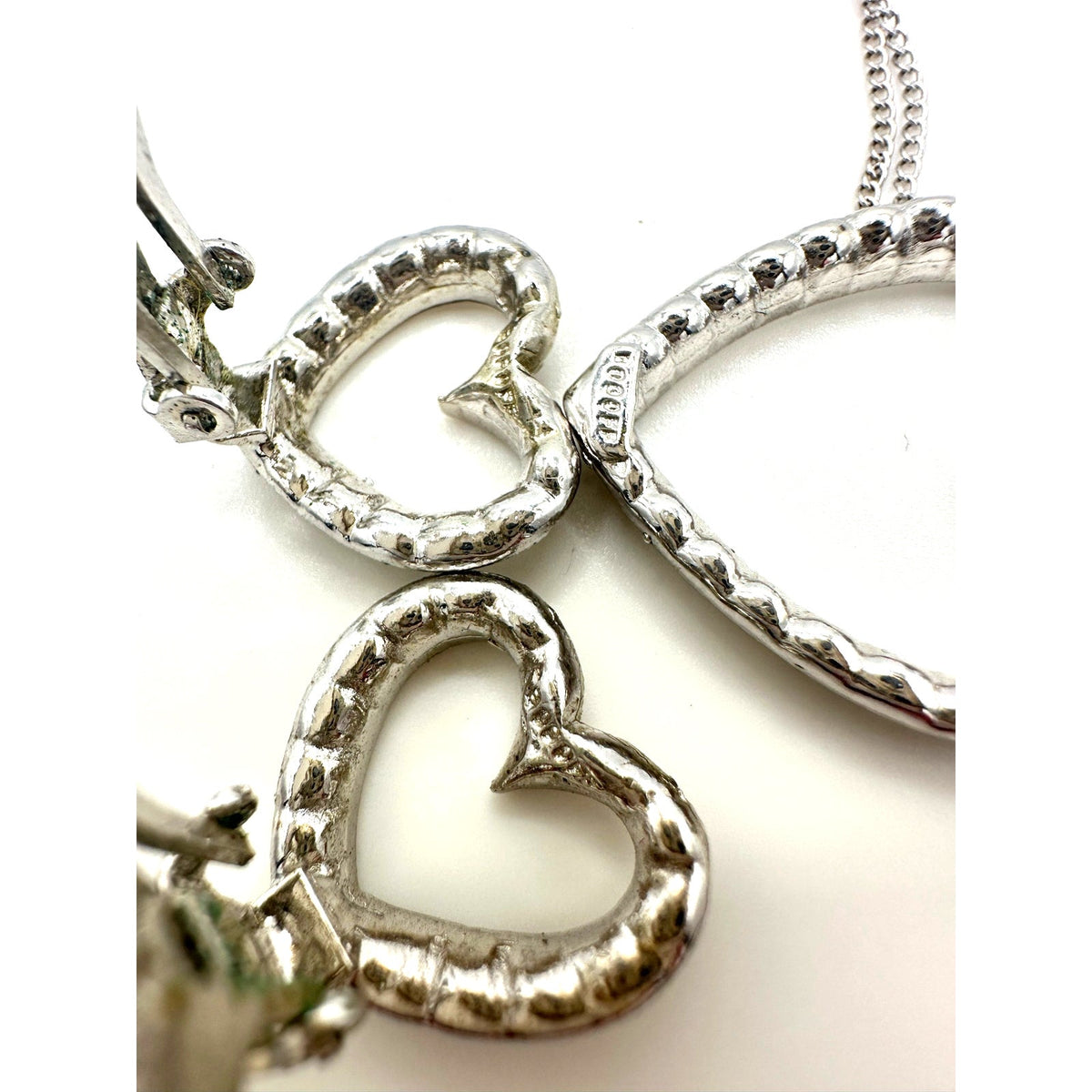 Bogoff vintage silver tone clear rhinestones heart necklace clip on earrings set