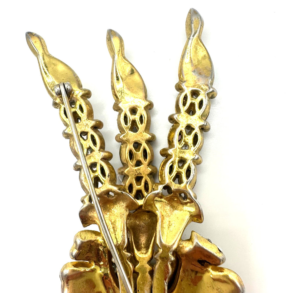 Vintage 1940 gold tone purple rhinestones large flower floral bouquet brooch