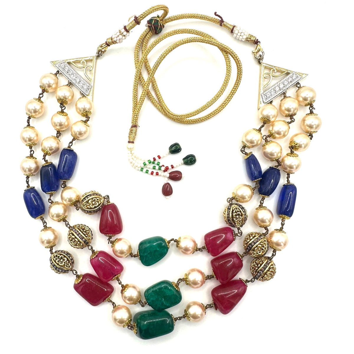 Indian vintage 3 strand semiprecious agate glass pearls beaded necklace