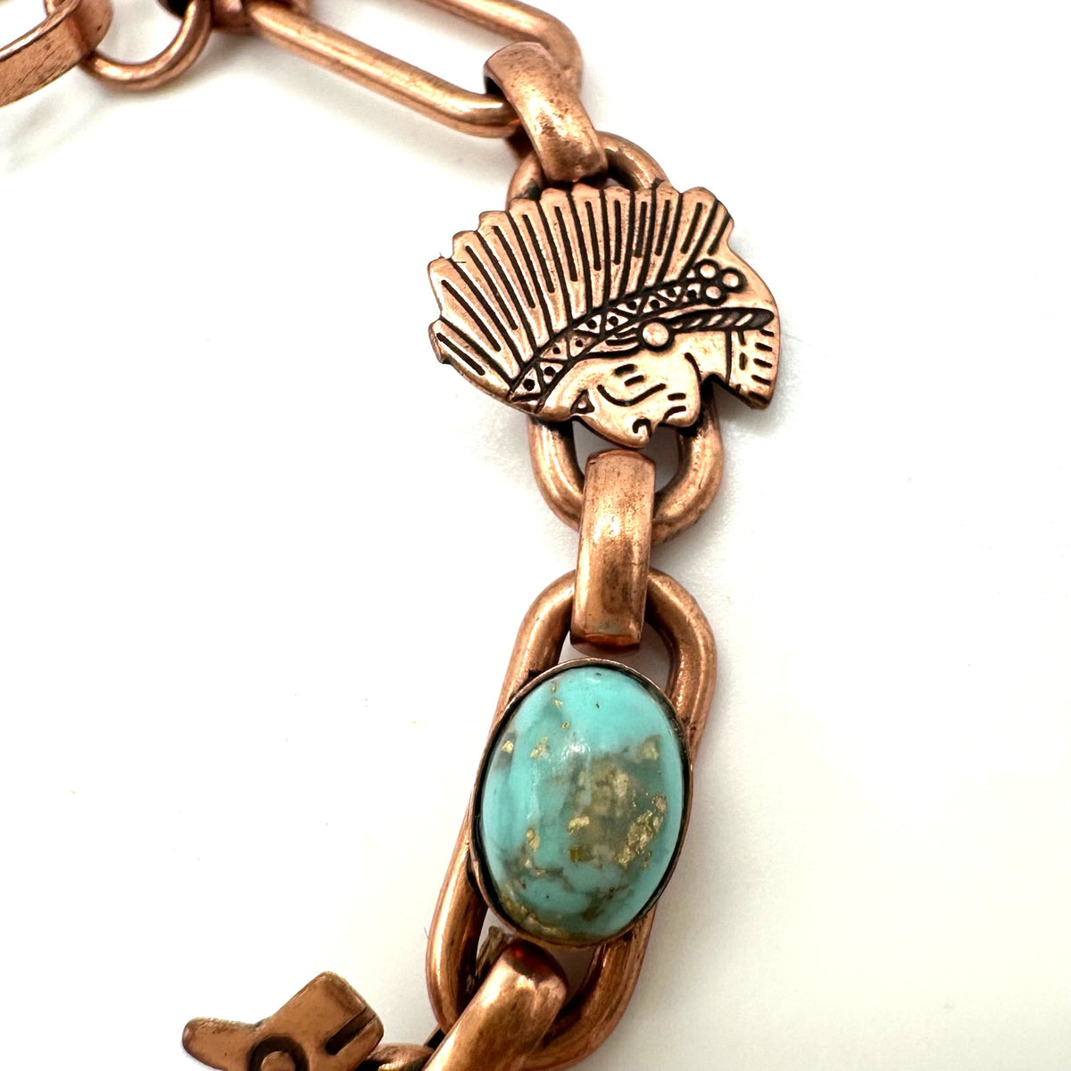 Vintage Southwestern solid copper figurals turquoise lucite cabochons bracelet