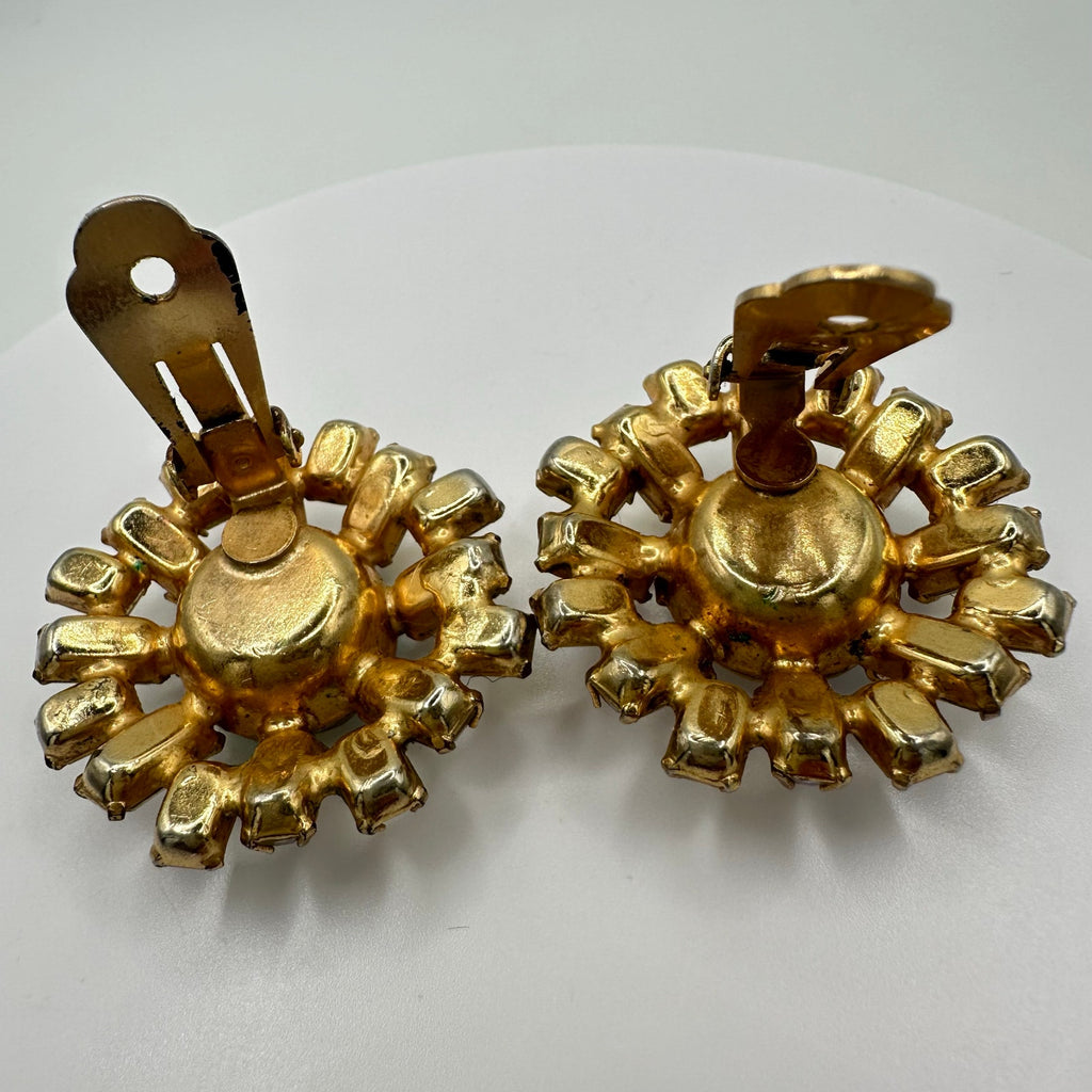 1950s vintage gold tone aurora borealis AB glass rhinestones clip on earrings