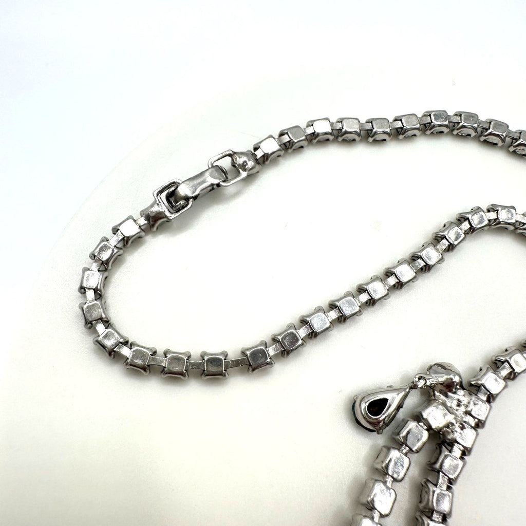 1940s 1950s vintage silver tone clear blue glass rhinestones drops swag necklace