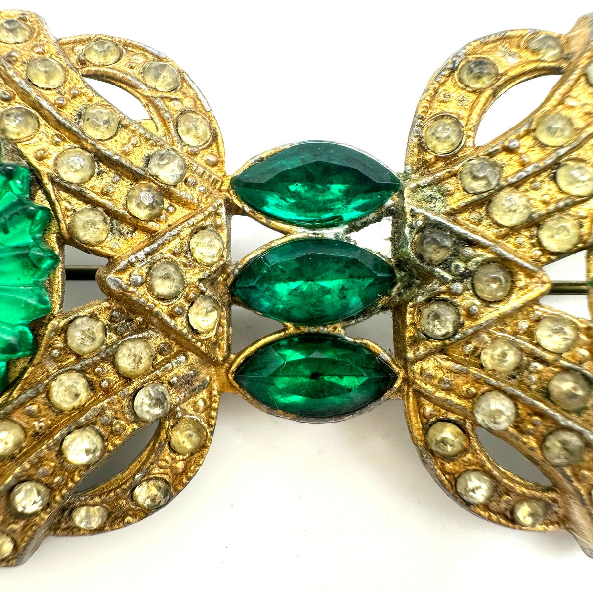 1930s antique Art Deco gold tone pot metal green clear Czech rhinestones brooch