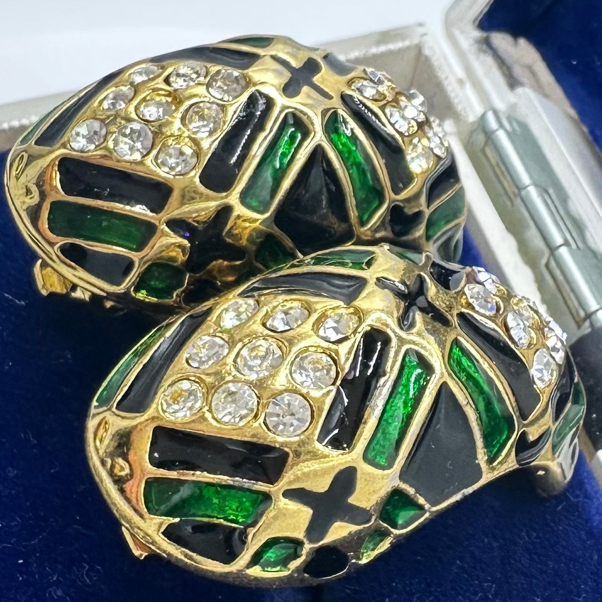 1980s vintage gold tone clear rhinestones black green enamel half hoops earrings