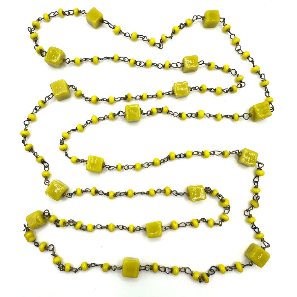 Antique Art Deco Czech yellow art cadmium glass beads beaded brass 41" necklace