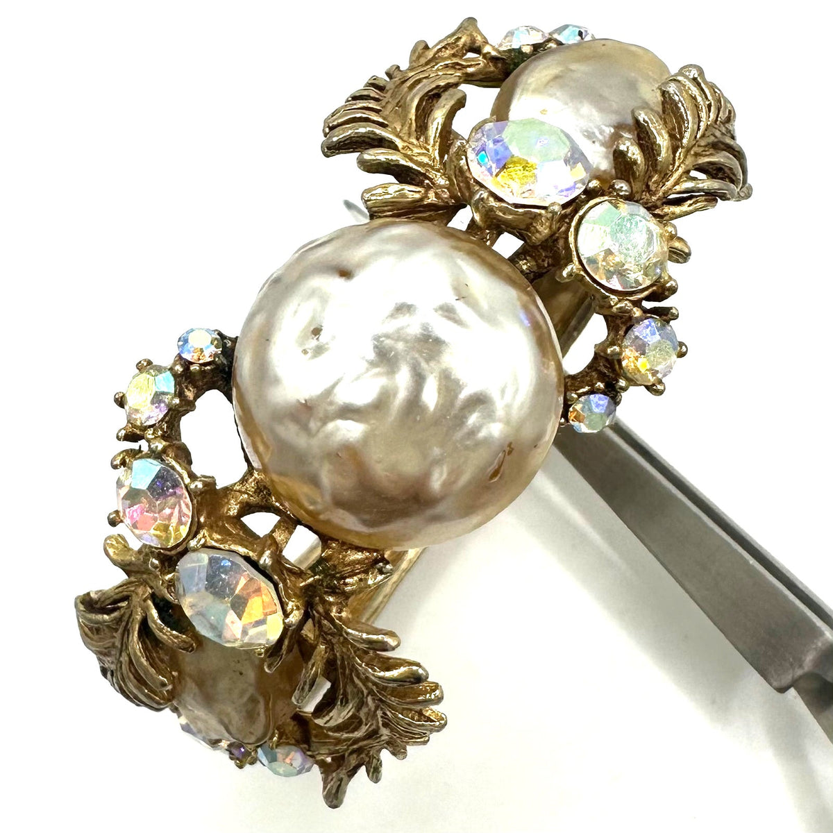 HAR vintage gold tone AB rhinestones pearl cabochons bracelet clip on earrings