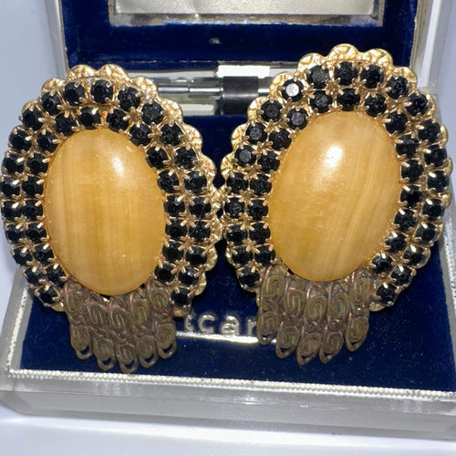 1950s vintage gold tone filigree black rhinestones chalcedony clip on earrings