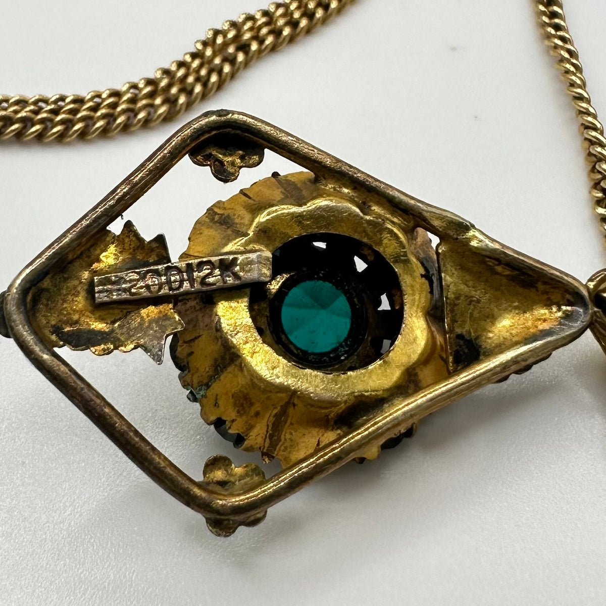 Vintage 12kt gold filled green rhinestones pendant on Lang 21” chain necklace