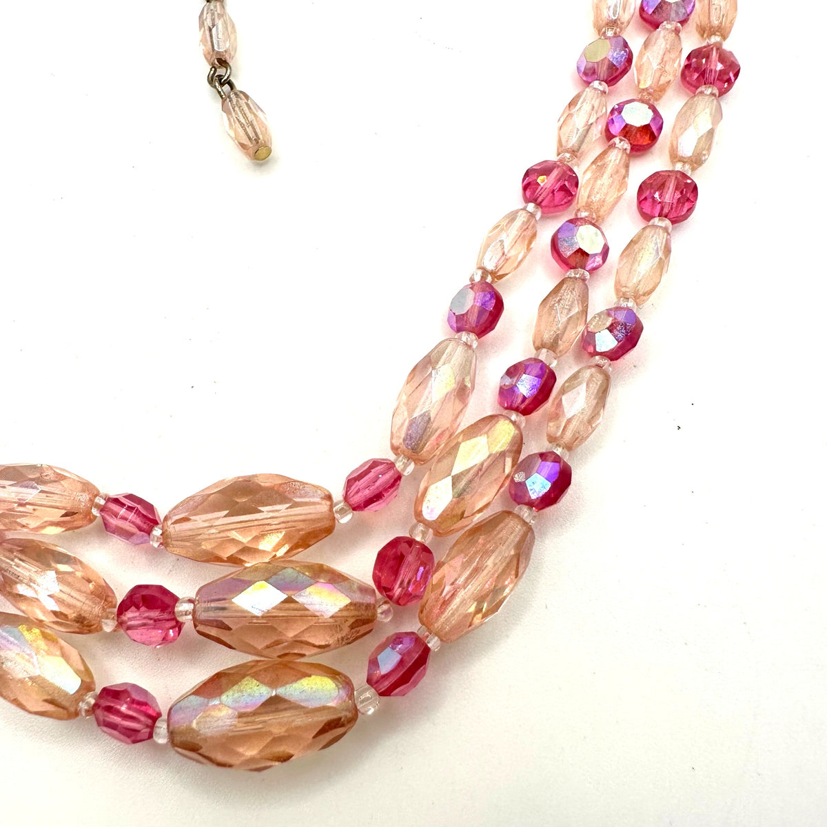 Vintage 3 triple multi strand pink AB aurora borealis glass beaded necklace