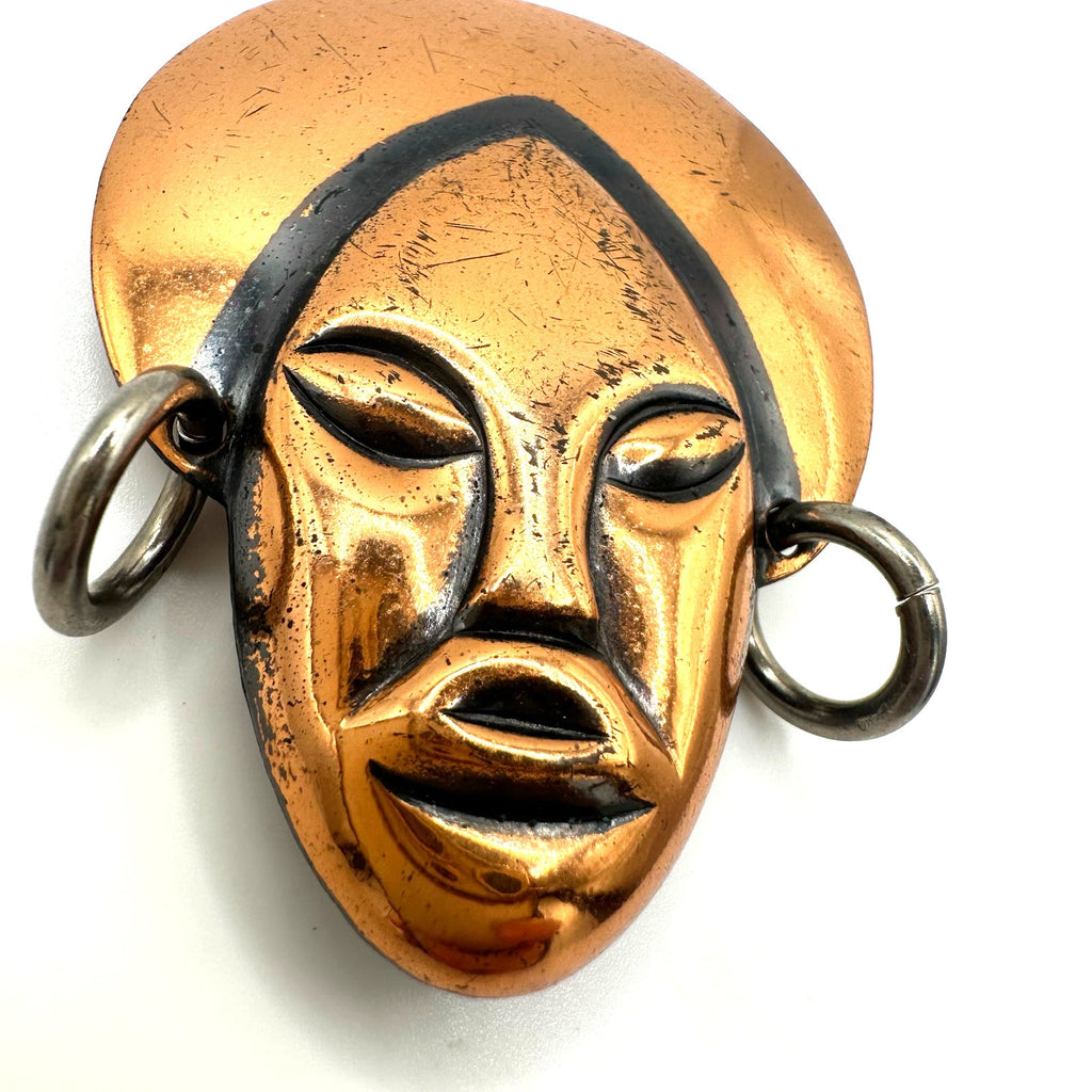Vintage Elzac style solid copper gold silver tone tribal face figural brooch