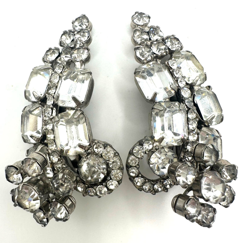 Juliana vintage silver tone clear glass rhinestones crawler clip on earrings