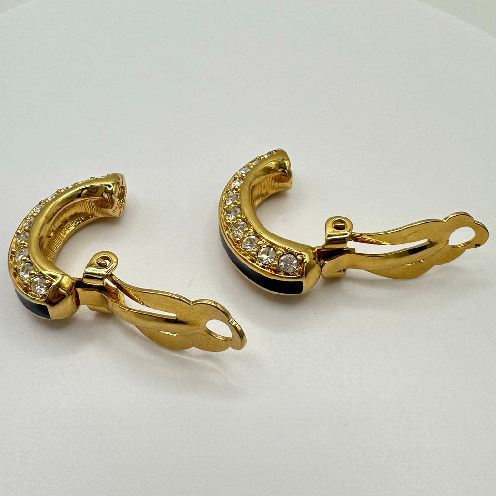Swarovski Swan vintage gold plated crystals enamel half hoops clip on earrings
