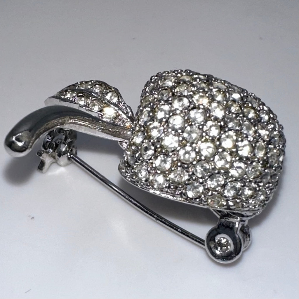 Nadri signed silver tone clear pavé glass rhinestones apple brooch pin