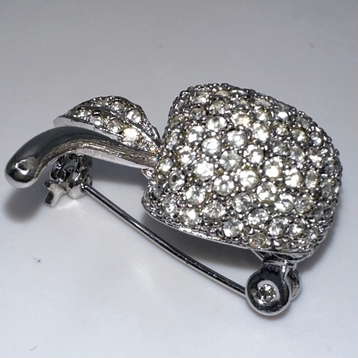 Nadri signed silver tone clear pavé glass rhinestones apple brooch pin
