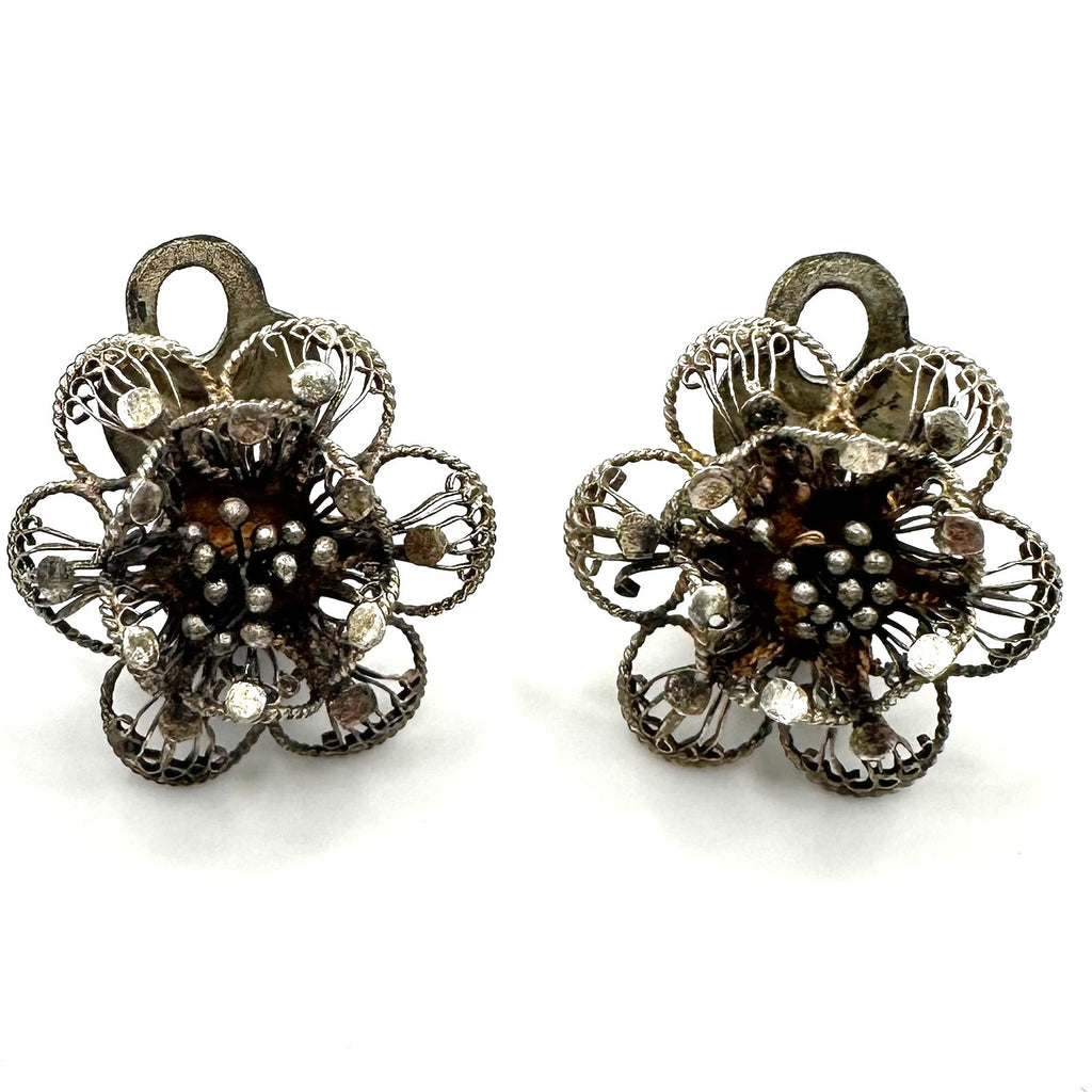 Antique vintage 800 silver handmade filigree flowers floral clip on earrings