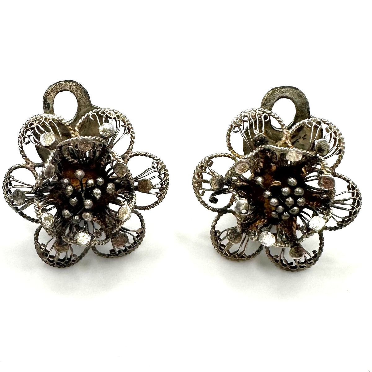 Antique vintage 800 silver handmade filigree flowers floral clip on earrings