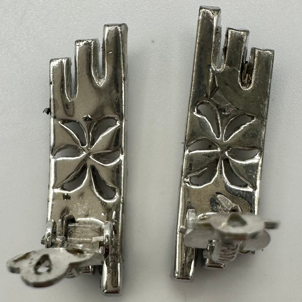 Panetta vintage silver tone clear emerald green rhinestones clip on earrings