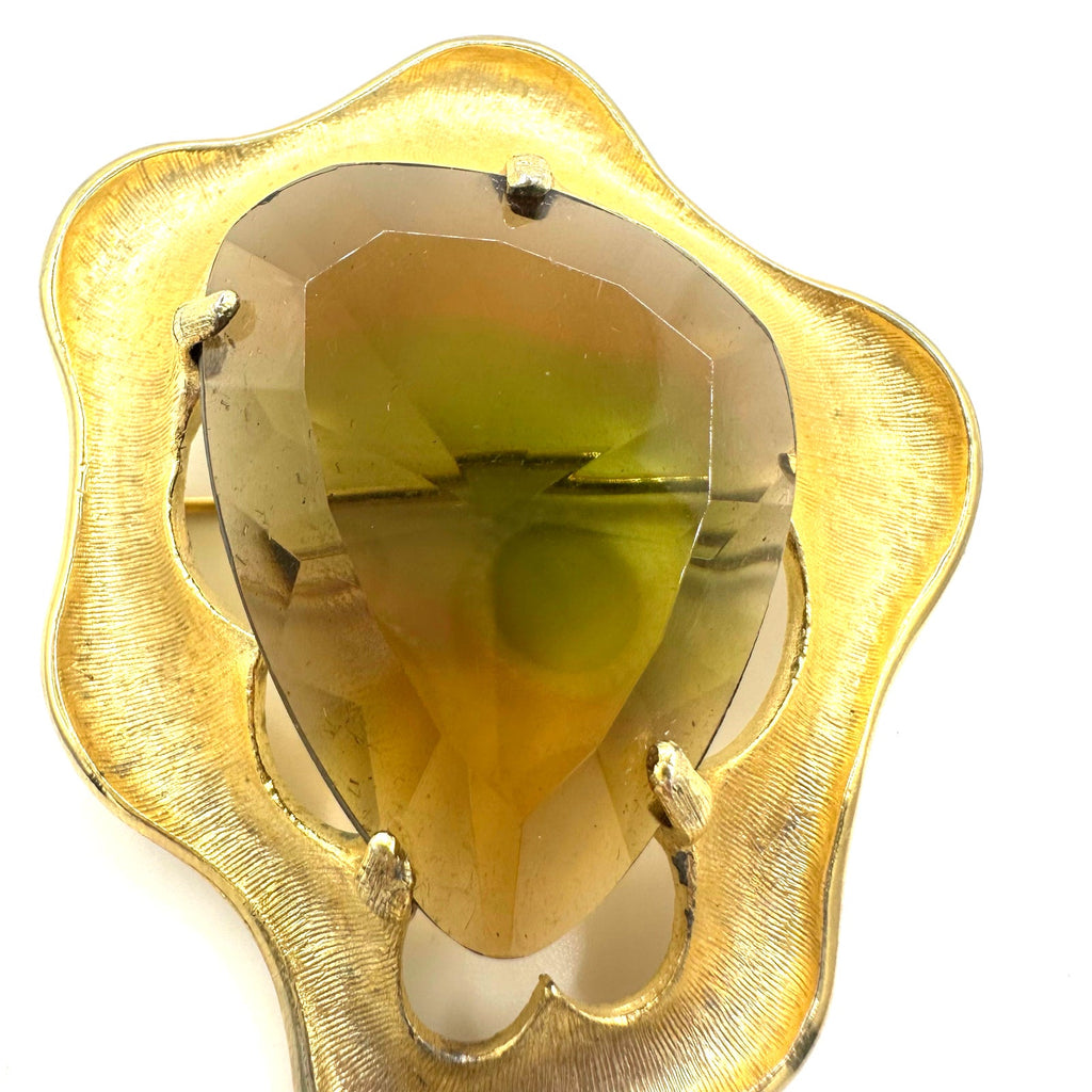 BSK vintage gold tone topaz brown green givré glass massive rhinestone brooch