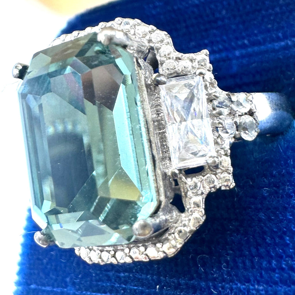 Karis silver tone stainless steel dusty aqua blue clear CZs ring 6.25