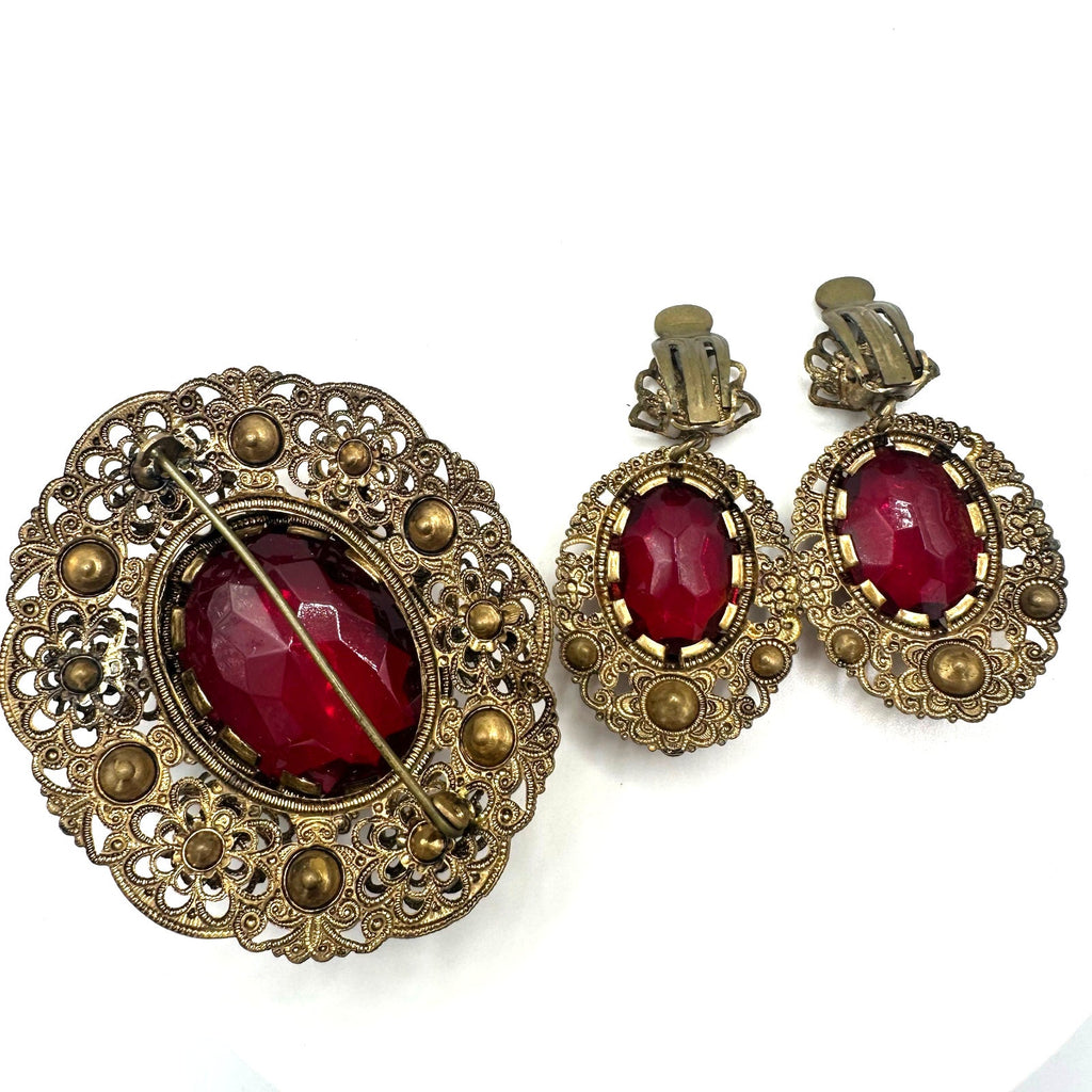 West Germany vintage gold tone red pink rhinestones brooch clip on earrings set