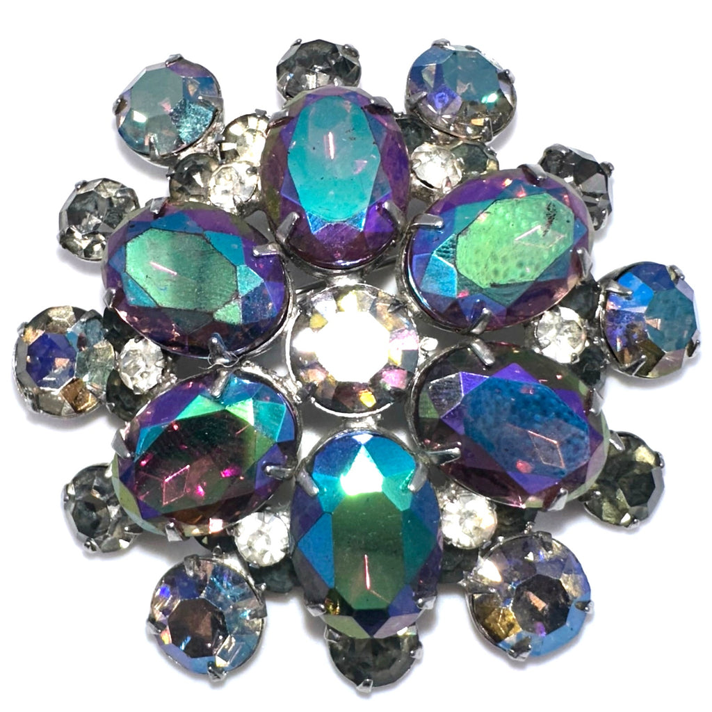 Juliana vintage silver tone aurora borealis AB gray rhinestones headlight brooch