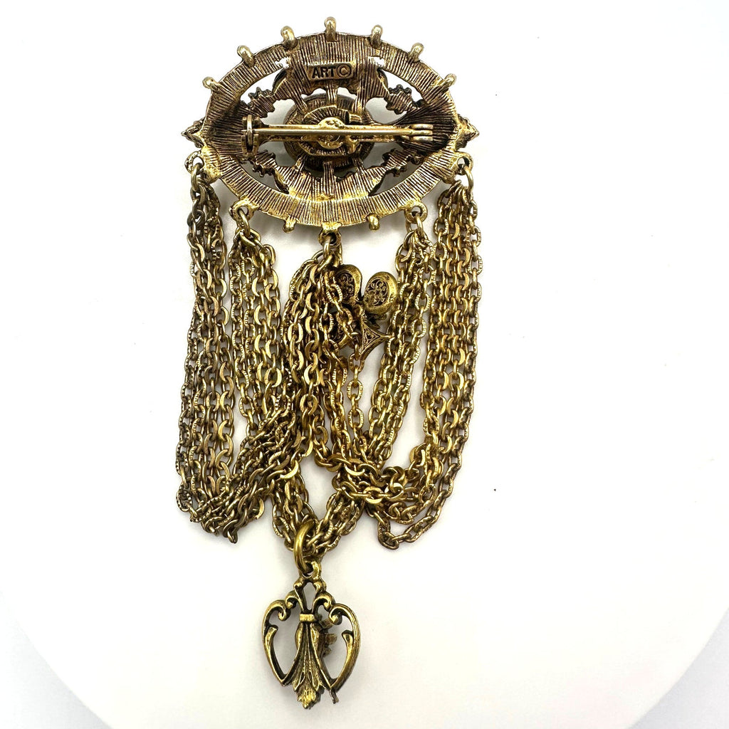 ART Victorian Revival gold tone swag chains rhinestones art glass brooch