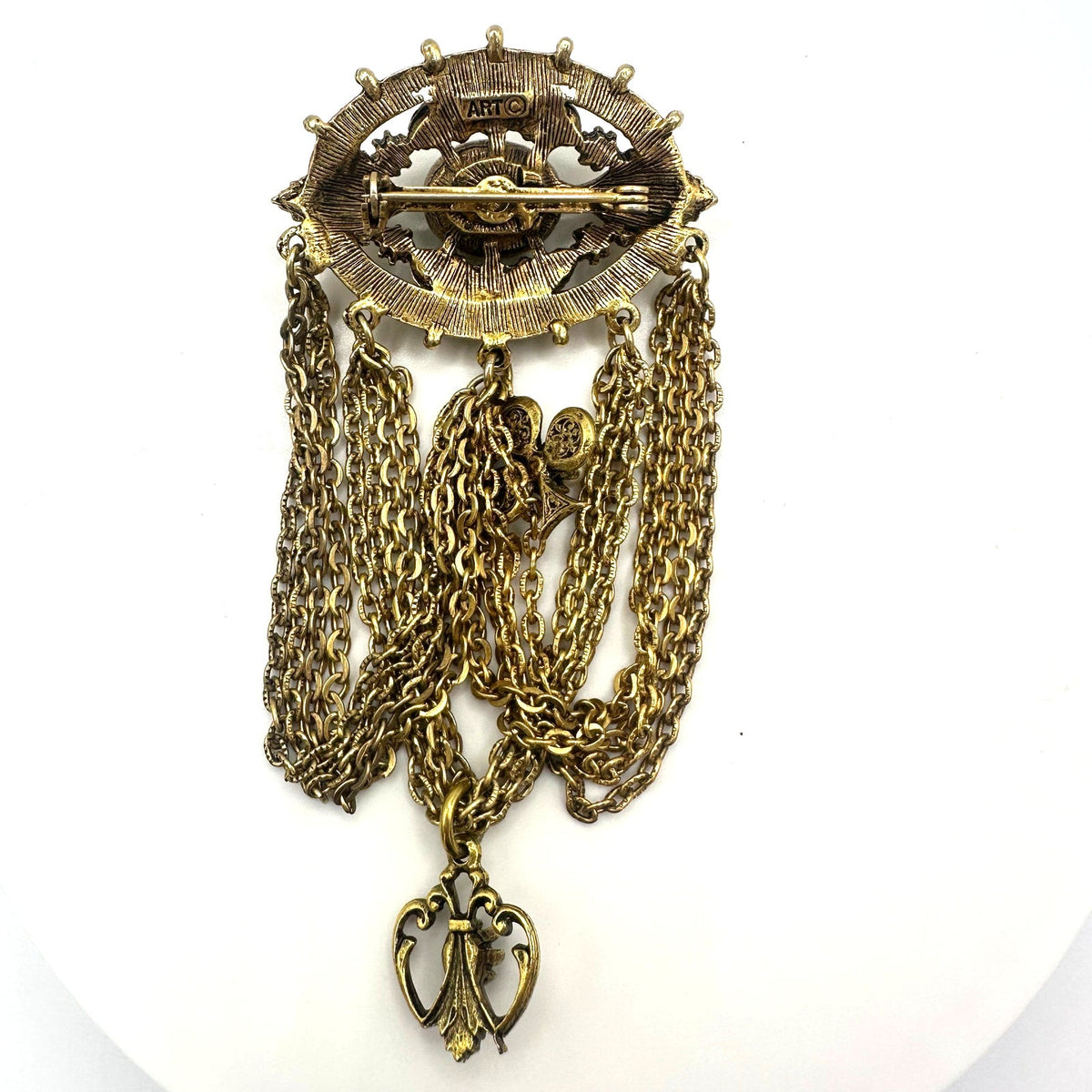 ART Victorian Revival gold tone swag chains rhinestones art glass brooch