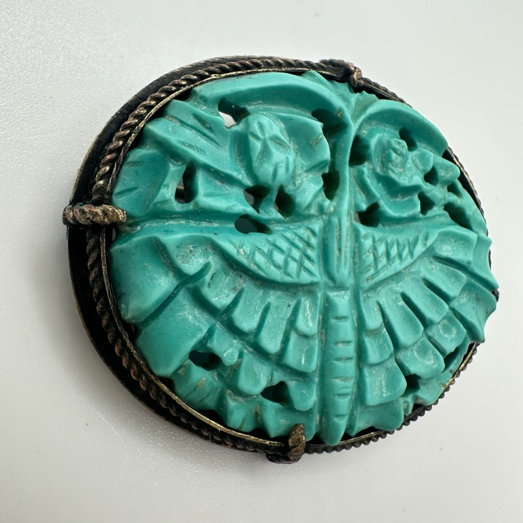 Antique Chinese carved genuine turquoise sterling silver oval brooch pin 6.3g