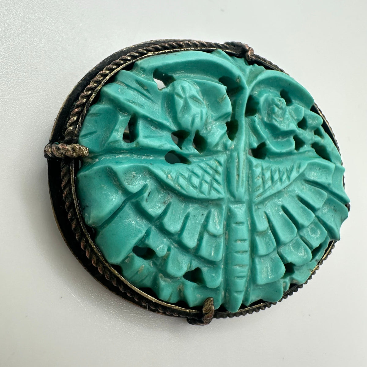 Antique Chinese carved genuine turquoise sterling silver oval brooch pin 6.3g