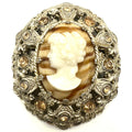 West Germany 1950s gold tone art glass agate cameo rhinestones filigree brooch