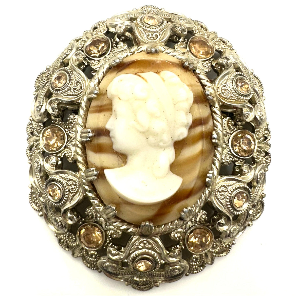 West Germany 1950s gold tone art glass agate cameo rhinestones filigree brooch