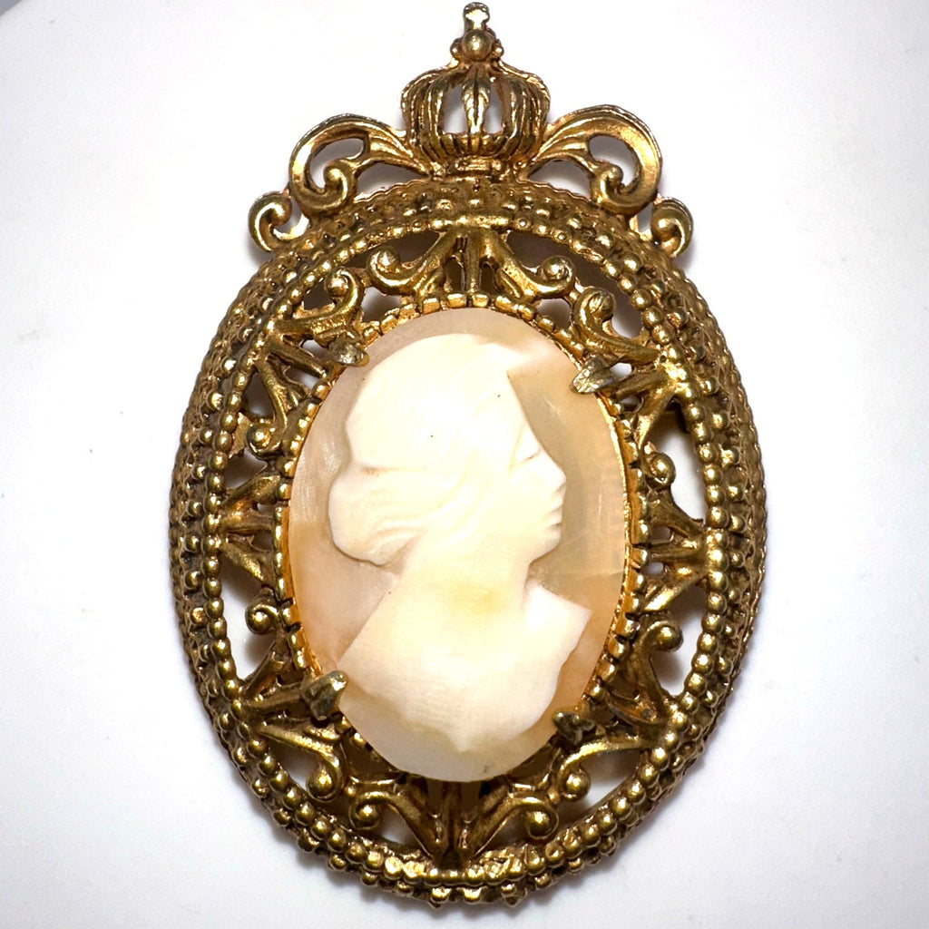 Florenza vintage Victorian Revival gold tone genuine carved shell cameo brooch