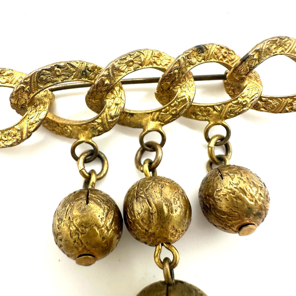 Antique Art Deco gold tone brass dangling ball charms chain bar pin brooch