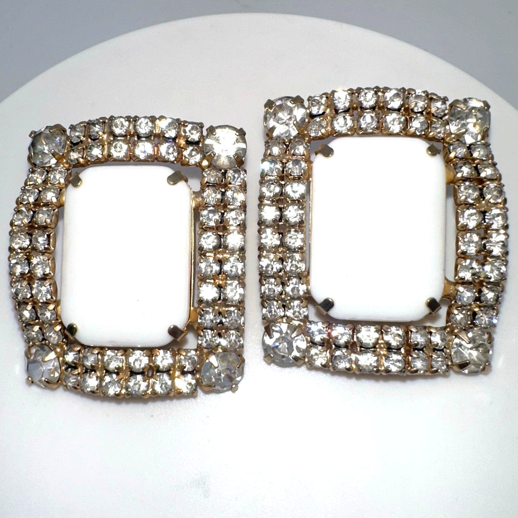 Vintage massive gold tone rectangular milk glass rhinestones clip on earrings