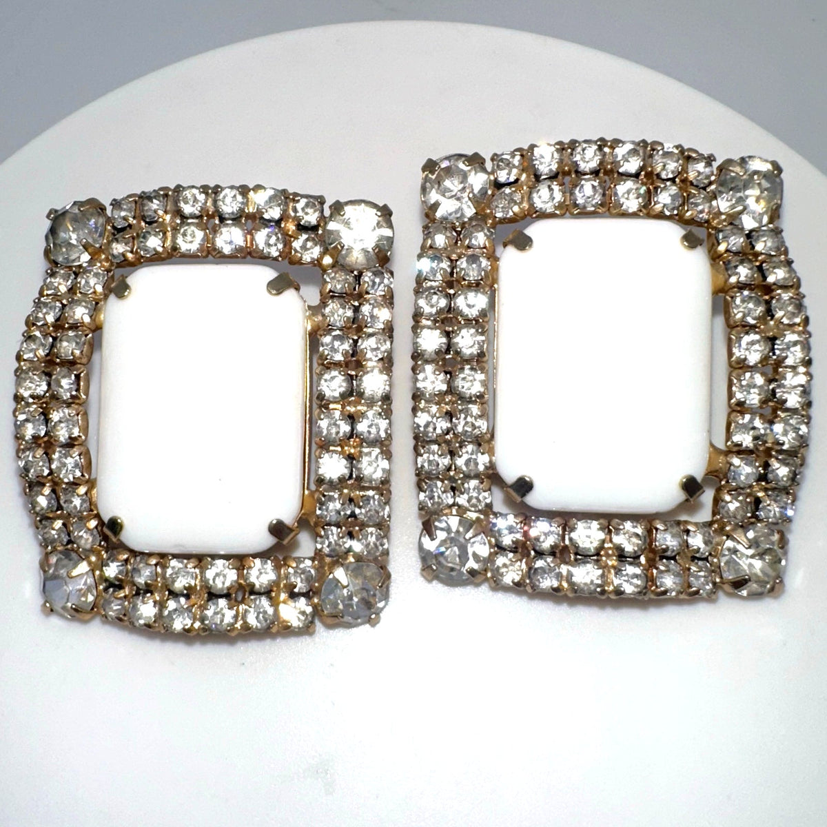 Vintage massive gold tone rectangular milk glass rhinestones clip on earrings