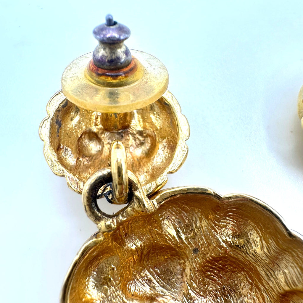Vintage 1980s 1990s gold tone puffed circular discs dangle drop post earrings