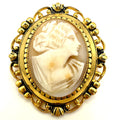 Vintage gold tone genuine carved shell cameo white pink woman's face brooch