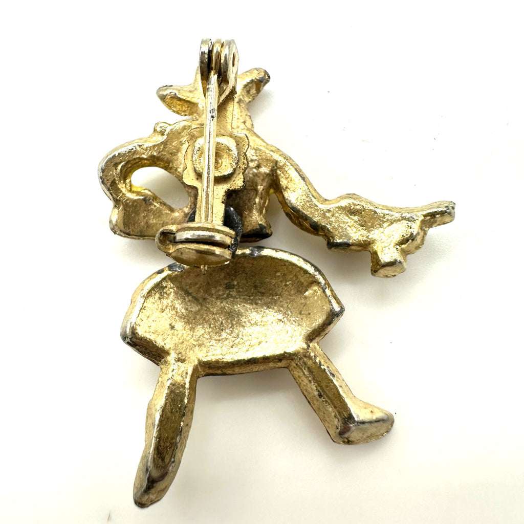 1940s vintage retro gold tone rhinestone enamel articulated figural brooch