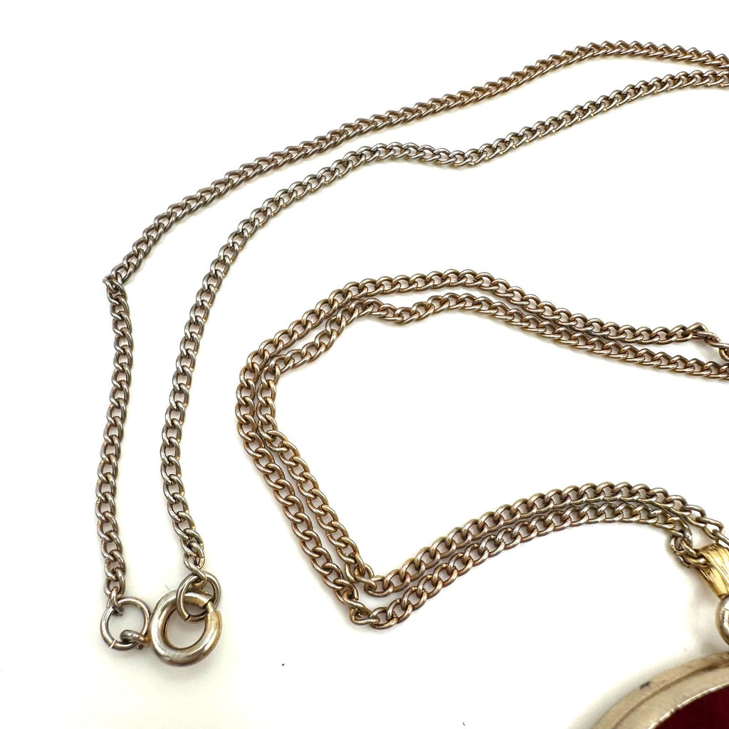 Vintage Victorian Revival gold tone red velvet Heraldic pendant 24" necklace