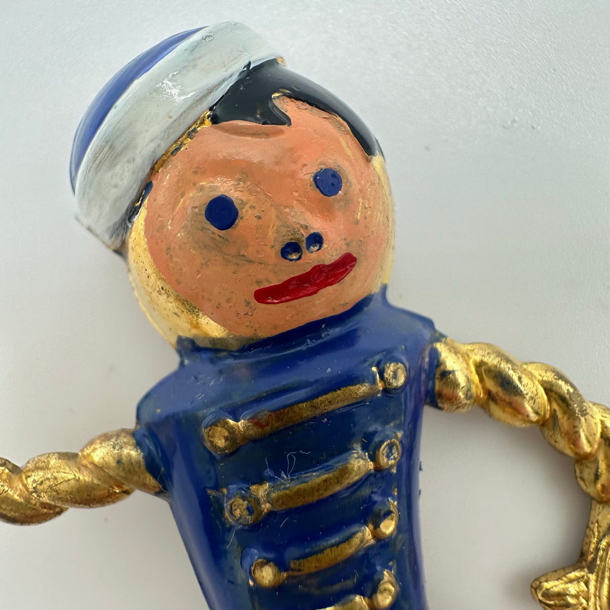 Antique Art Deco 1930s enamel brass boy bellhop Figural rope brooch pin