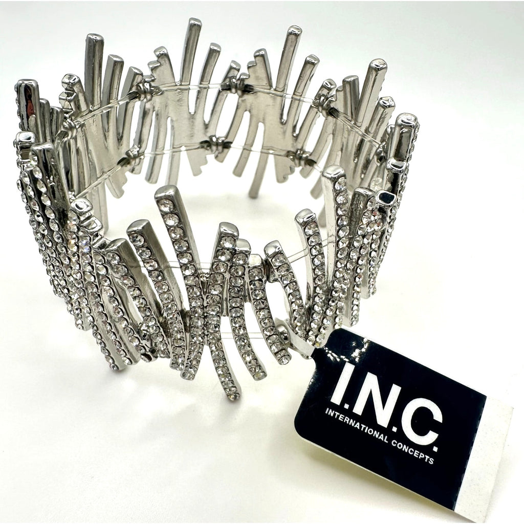 INC NWT silver tone clear glass rhinestones stretchy statement bracelet