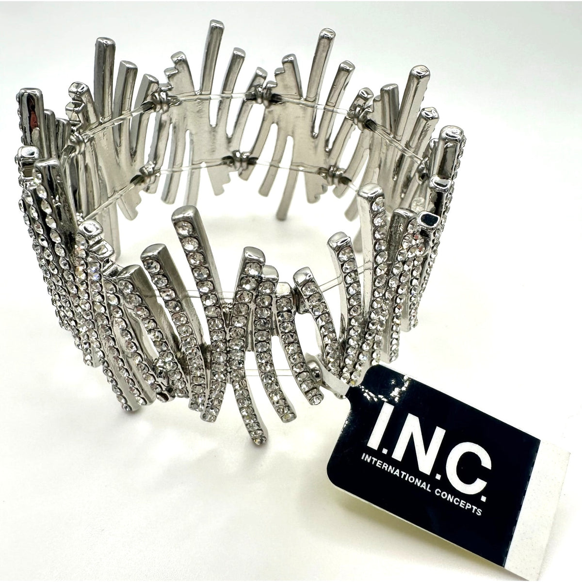 INC NWT silver tone clear glass rhinestones stretchy statement bracelet