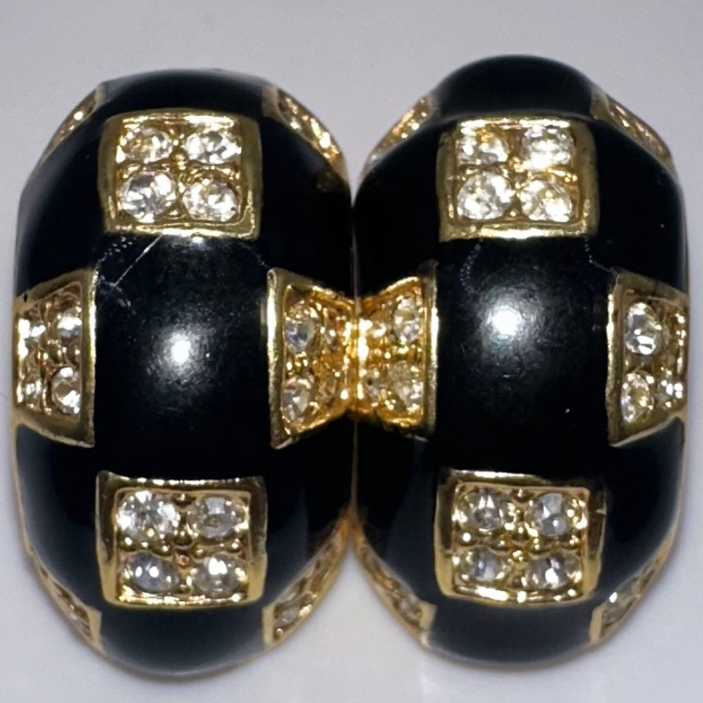 Roman vintage gold tone clear rhinestones black enamel half hoops post earrings